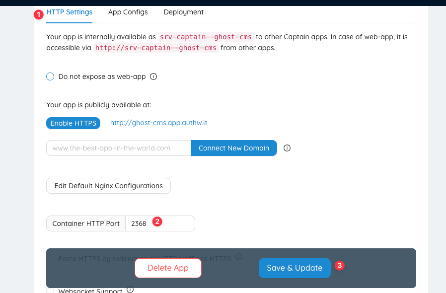 How to set Ghost container port on CapRover